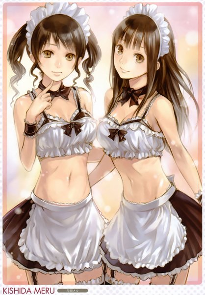 Anime picture 1200x1722 with original kishida mel long hair tall image looking at viewer smile brown hair twintails bare shoulders multiple girls brown eyes signed inscription maid midriff hug girl thighhighs skirt navel