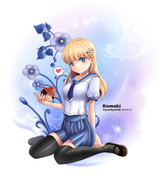 Anime picture 1575x1768 with original yumiyokiak single long hair tall image blue eyes blonde hair girl thighhighs skirt flower (flowers) black thighhighs miniskirt necktie