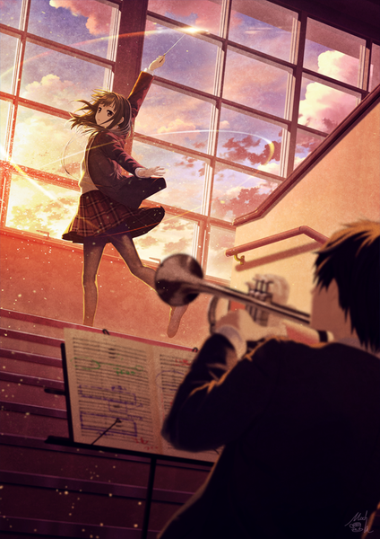 Anime picture 707x1000 with odoriba hime concerto original mocha (cotton) long hair tall image looking at viewer short hair black hair brown hair standing brown eyes cloud (clouds) indoors pleated skirt arm up from behind sunlight official art from below floating hair
