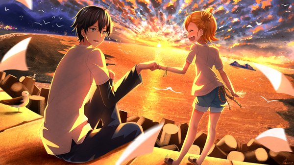 Anime picture 1920x1080 with barakamon kotoishi naru handa seishuu swordsouls blush highres short hair open mouth brown hair wide image standing sitting sky cloud (clouds) eyes closed orange hair grey eyes wallpaper beach one side up