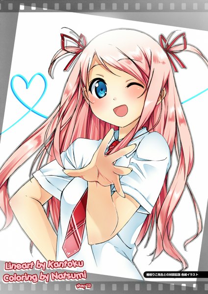 Anime picture 1132x1600 with original kurumi (kantoku) kantoku nami (nyaa) single long hair tall image looking at viewer blush blue eyes smile pink hair one eye closed wink two side up heart of string girl shirt necktie heart