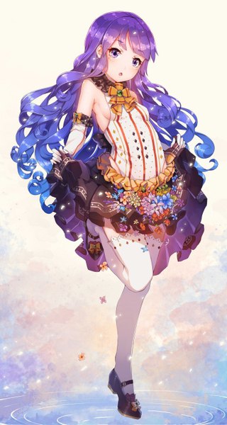 Anime picture 1500x2807 with original fangxiang cuoluan single long hair tall image looking at viewer blush purple eyes purple hair bent knee (knees) girl thighhighs dress gloves flower (flowers) white thighhighs water elbow gloves frills