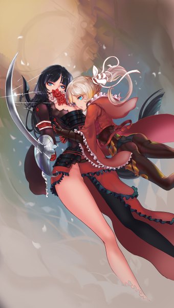 Anime picture 1600x2821 with original pixiv fantasia pixiv fantasia new world quaanqin long hair tall image fringe breasts blue eyes light erotic black hair blonde hair multiple girls cleavage ass legs hug smoke girl thighhighs