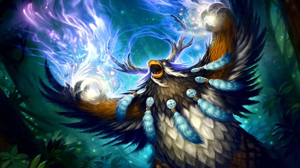 Anime picture 1920x1080 with world of warcraft blizzard entertainment highres wide image yellow eyes horn (horns) dutch angle magic no people antlers plant (plants) wings tree (trees) leaf (leaves) feather (feathers) forest creature beak