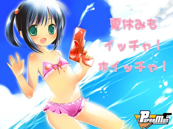Anime picture 1024x768 with paper man blush short hair light erotic black hair twintails green eyes teeth fang (fangs) flat chest swimsuit water sea child (children) water gun haneyoru