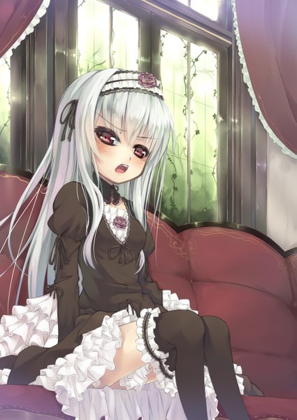 Anime picture 1063x1500 with rozen maiden suigintou asa (swallowtail) long hair tall image blush open mouth red eyes sitting white hair loli girl thighhighs dress black thighhighs window hairband couch