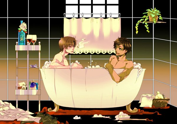 Anime picture 1080x756 with axis powers hetalia studio deen spain (hetalia) south italy (hetalia) light erotic brown hair ahoge smoking shounen ai boy plant (plants) cigarette bath bathroom