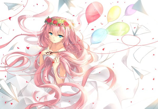Anime picture 1500x1037 with vocaloid just be friends (vocaloid) megurine luka ceru single looking at viewer blue eyes white background pink hair very long hair girl dress flower (flowers) petals wreath balloon scissors