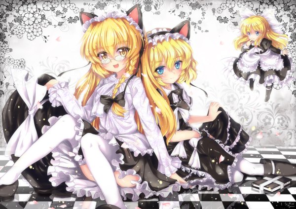 Anime picture 1280x905 with touhou kirisame marisa alice margatroid shanghai north abyssor long hair blue eyes blonde hair animal ears yellow eyes bent knee (knees) cat ears maid cat girl flying checkered floor floor checkered convenient leg girl