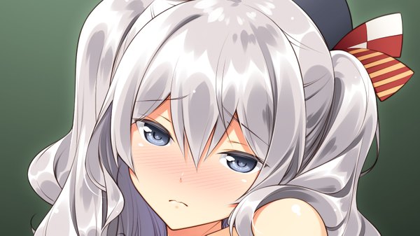 Anime picture 1712x963 with kantai collection kashima training cruiser nemigi tsukasa single long hair looking at viewer blush highres blue eyes wide image silver hair head tilt embarrassed close-up face girl