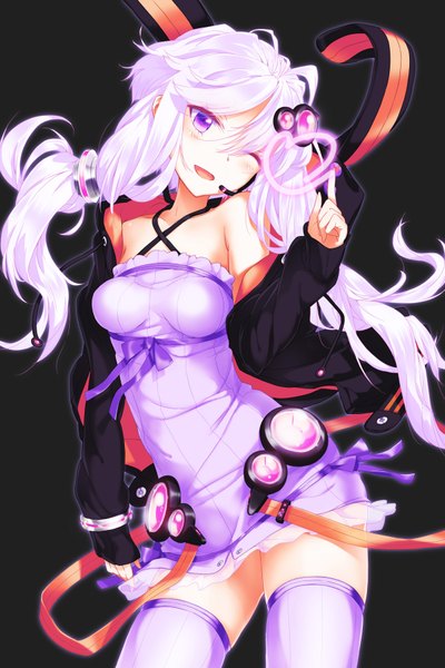 Anime picture 1200x1800 with vocaloid yuzuki yukari coracola single long hair tall image blush open mouth smile purple eyes twintails bare shoulders silver hair one eye closed wink zettai ryouiki low twintails girl thighhighs dress