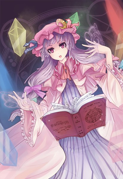 Anime picture 700x1017 with touhou patchouli knowledge icywood single long hair tall image looking at viewer open mouth purple eyes purple hair magic girl dress book (books) bonnet crystal magic circle