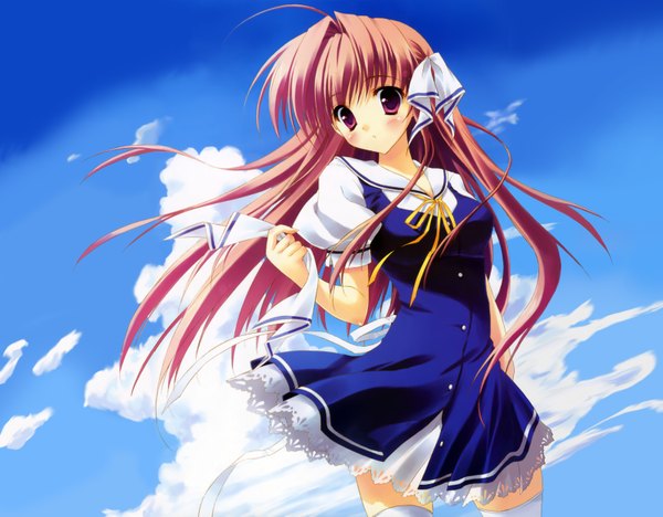 Anime picture 3200x2499 with clear tsukimura miki ryohka single long hair blush highres looking away pink hair sky cloud (clouds) ahoge pink eyes wind puffy sleeves girl thighhighs ribbon (ribbons) white thighhighs serafuku