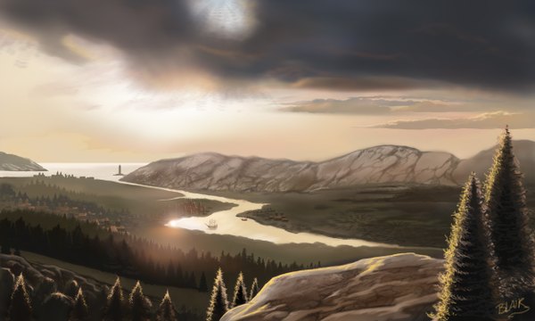Anime picture 2500x1500 with original leebea (artist) highres wide image landscape river nature panorama