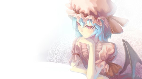 Anime picture 1800x1012 with touhou remilia scarlet madyy highres simple background smile red eyes wide image white background blue hair arm support demon wings girl dress wings bonnet