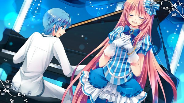 Anime picture 1024x576 with vocaloid megurine luka kaito (vocaloid) shinyae long hair blush short hair open mouth blue eyes smile wide image standing blue hair pink hair eyes closed profile fraulein (module) girl dress boy