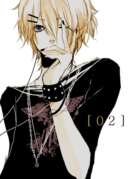 Anime picture 1000x1353 with vocaloid kagamine len single tall image looking at viewer short hair blue eyes blonde hair nail polish one eye closed wink inscription emo boy bracelet pendant