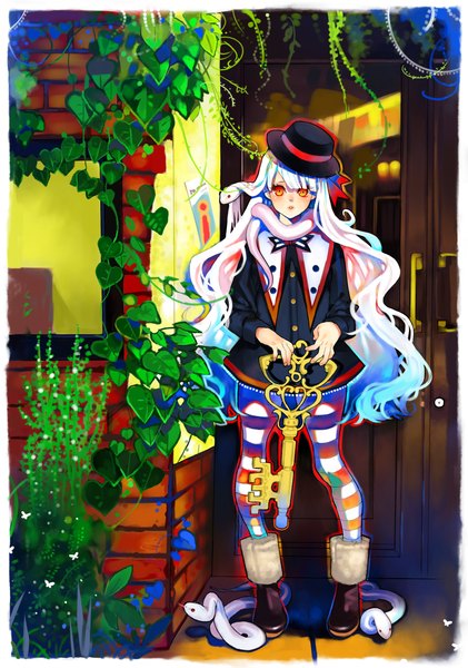 Anime picture 1292x1841 with original arutera single long hair tall image looking at viewer fringe red eyes standing yellow eyes white hair very long hair aqua hair orange eyes girl thighhighs plant (plants) hat striped thighhighs wall