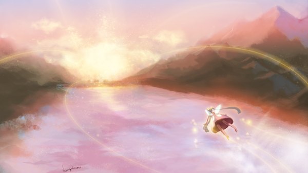 Anime picture 1920x1080 with vocaloid hatsune miku kayei nou long hair highres wide image twintails sky cloud (clouds) sunlight evening sunset mountain flying landscape river fairy girl dress wings