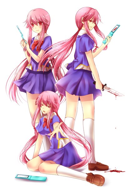 Anime picture 1300x1885 with mirai nikki gasai yuno kirise long hair tall image open mouth red eyes twintails pink hair multiple persona girl skirt uniform school uniform miniskirt socks blood white socks phone