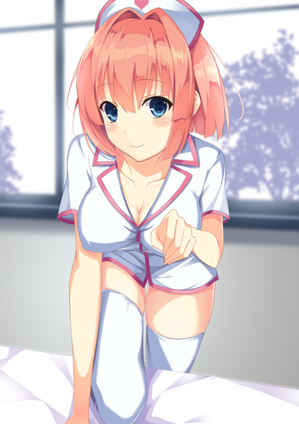 Anime picture 595x842 with original chuxue single tall image looking at viewer blush short hair blue eyes light erotic pink hair nurse girl thighhighs uniform white thighhighs nurse cap