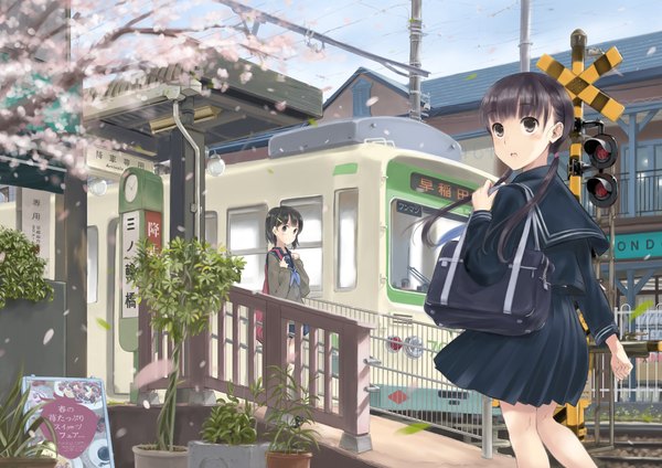 Anime picture 1131x800 with original metro-radio long hair short hair black hair twintails brown eyes girl skirt plant (plants) miniskirt petals tree (trees) serafuku school bag train