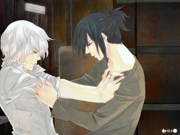 イラスト 1000x750 と ナンバー・シックス ボンズ nezumi (no.6) shion (no.6) 短い髪 茶目 white hair プロフィール aqua hair multiple boys hug 涙 looking down face to face crying twisty sleeves sad 男性 シャツ 白いシャツ