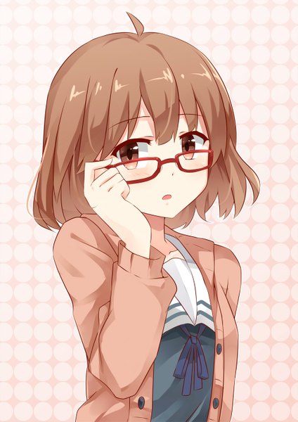 Anime picture 1000x1414 with kyoukai no kanata kyoto animation kuriyama mirai mmrailgun single tall image blush short hair brown hair brown eyes parted lips adjusting glasses girl uniform school uniform glasses sweater