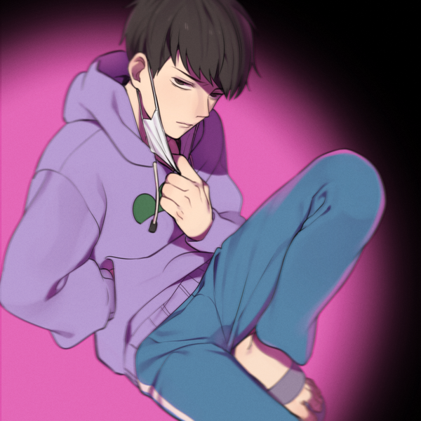 Anime picture 1106x1106 with osomatsu-san matsuno ichimatsu e7 (runaway162) single looking at viewer fringe short hair black hair simple background sitting bent knee (knees) from above black eyes pink background hand in pocket mask pull boy hood hoodie surgical mask