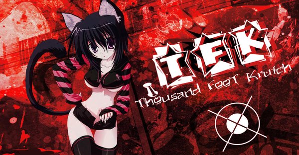 Anime picture 2000x1043 with k.g highres light erotic black hair wide image purple eyes animal ears tail cat girl girl thighhighs black thighhighs shorts