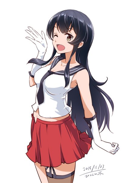 Anime picture 640x931 with kantai collection agano light cruiser mousoup single long hair tall image fringe open mouth black hair simple background white background brown eyes signed payot one eye closed from above bare belly sleeveless dated yawn