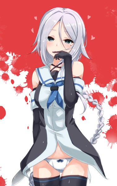 Anime picture 1695x2697 with kantai collection umikaze (kantai collection) ame-rain single long hair tall image looking at viewer fringe highres light erotic hair between eyes silver hair braid (braids) aqua eyes mole mole under eye thighs single braid symbol-shaped pupils heart-shaped pupils