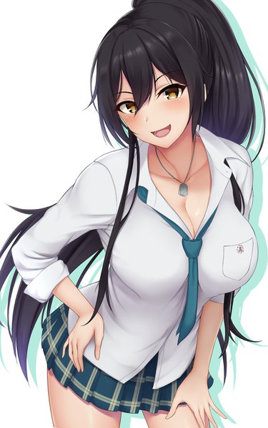 Anime picture 1776x2840 with idolmaster idolmaster shiny colors shirase sakuya satosi single long hair tall image looking at viewer blush fringe highres breasts open mouth black hair simple background smile hair between eyes white background brown eyes cleavage