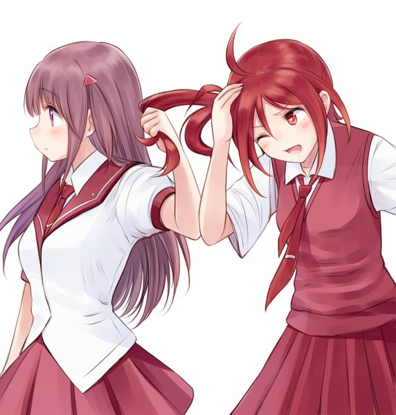 Anime picture 1200x1258 with saki maya yukiko shishihara sawaya suzushiro yukari long hair tall image blush fringe open mouth hair between eyes red eyes white background purple eyes multiple girls purple hair red hair girl uniform 2 girls school uniform