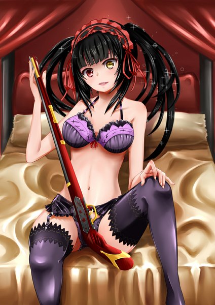 Anime picture 744x1052 with date a live tokisaki kurumi kagura ren single long hair tall image looking at viewer open mouth light erotic black hair twintails heterochromia girl thighhighs navel underwear panties weapon black thighhighs headdress