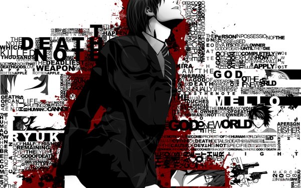 Anime picture 2560x1600 with death note madhouse yagami light ryuk mello (mihael keehl) obata takeshi highres short hair open mouth black hair lips wallpaper copyright name character names text boy weapon shirt necktie gun