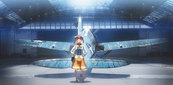 Anime picture 1500x743 with original siqi (miharuu) single long hair looking at viewer brown hair wide image brown eyes braid (braids) girl dress bag aircraft airplane hangar