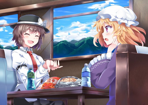 Anime picture 1400x995 with touhou usami renko maribel hearn e.o. blush fringe short hair open mouth blonde hair brown hair sitting purple eyes multiple girls sky cloud (clouds) upper body eyes closed long sleeves :d wide sleeves