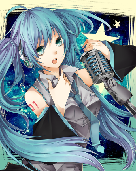 Anime picture 1280x1600 with vocaloid hatsune miku single tall image open mouth twintails very long hair aqua eyes aqua hair girl detached sleeves necktie headphones vest microphone
