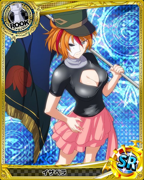 Anime picture 640x800 with highschool dxd isabela (high school dxd) single tall image short hair blue eyes light erotic cleavage orange hair coloring card (medium) girl skirt mask flag shako cap