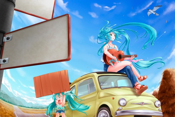 Anime picture 1920x1295 with vocaloid hatsune miku tsukineko single long hair highres open mouth sitting twintails bare shoulders looking away sky cloud (clouds) barefoot aqua eyes aqua hair chibi weightlessness asymmetrical clothes o o