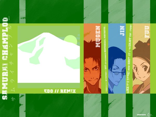 Anime picture 1600x1200 with samurai champloo mugen (samurai champloo) jinnosuke fuu (samurai champloo) green background glasses