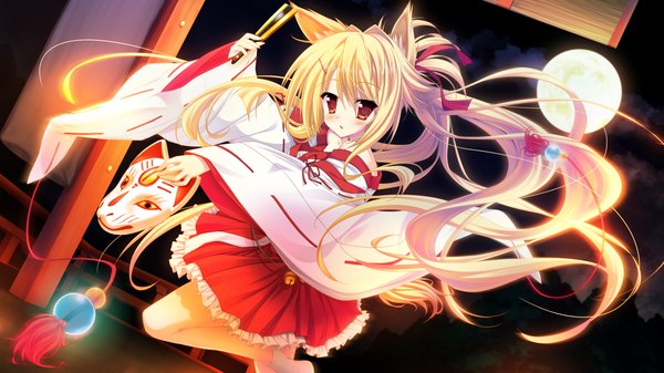 Anime picture 1280x720 with magical marriage lunatics!! karin amagi yamakaze ran long hair blush blonde hair red eyes wide image animal ears game cg traditional clothes night fox ears miko girl moon mask