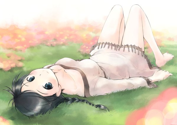 Anime picture 1269x900 with original ikeda jun (mizutamari) single long hair looking at viewer fringe blue eyes black hair full body outdoors lying braid (braids) barefoot bare legs on back no shoes girl flower (flowers) plant (plants) grass