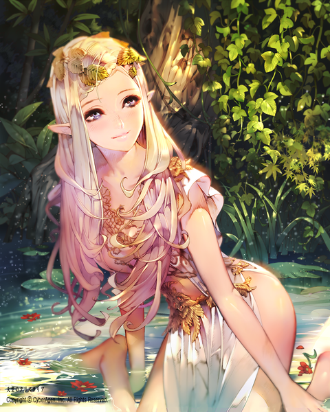 Anime picture 960x1200 with tenkuu no crystalia isaac hein iii single long hair tall image light erotic blonde hair purple eyes looking away barefoot light smile pointy ears bare legs kneeling side slit ripples girl hair ornament flower (flowers) plant (plants)