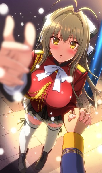 Anime picture 988x1662 with amagi brilliant park kyoto animation sento isuzu de ra u e a long hair tall image looking at viewer blush brown hair yellow eyes blurry dutch angle depth of field snowing winter outstretched hand girl thighhighs skirt bow