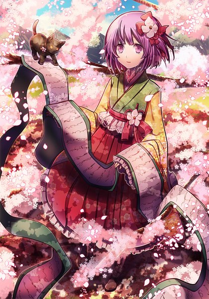 Anime picture 700x1000 with touhou hieda no akyuu suou sakura single tall image short hair smile purple eyes purple hair traditional clothes japanese clothes cherry blossoms girl hair ornament flower (flowers) plant (plants) animal petals tree (trees) cat