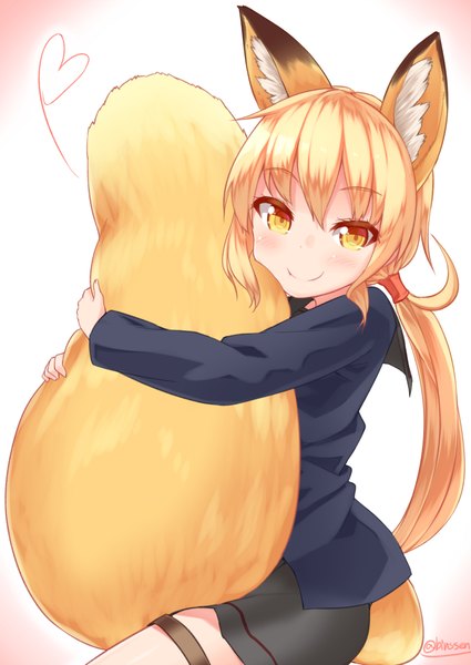 Anime picture 752x1062 with kantai collection satsuki destroyer binsen single long hair tall image looking at viewer blush fringe blonde hair simple background smile hair between eyes sitting twintails signed animal ears yellow eyes ahoge tail