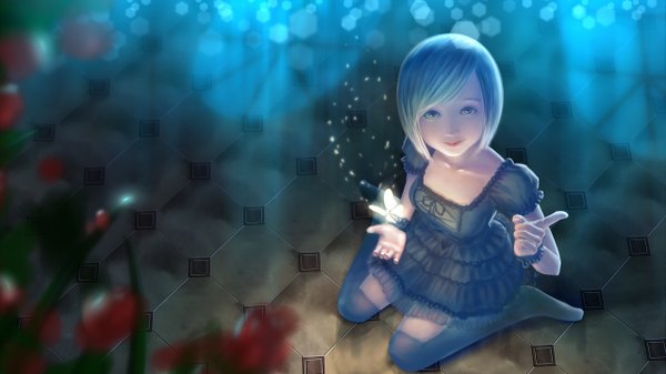 Anime picture 2560x1440 with original nayuxia single looking at viewer fringe highres short hair breasts wide image sitting brown eyes barefoot light smile from above lips legs glowing looking up floor girl