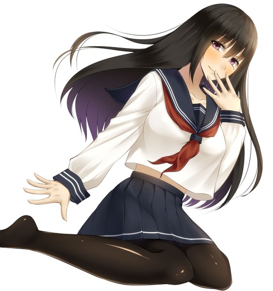 Anime picture 2500x2668 with original karube karu single long hair tall image looking at viewer blush highres black hair white background purple eyes girl skirt uniform pantyhose serafuku